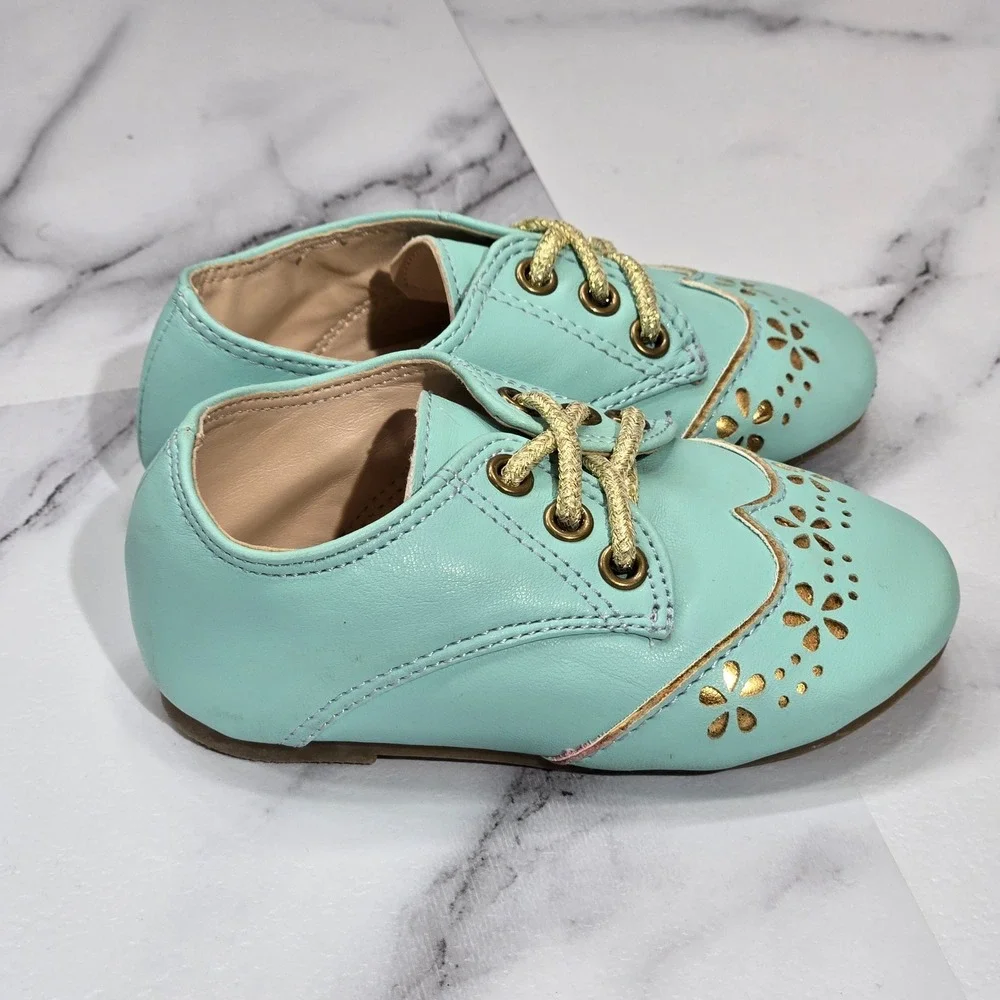 The Doll Maker Oxford Shoes Girls Size 5 Mint Green Gold Floral Cutout Dress